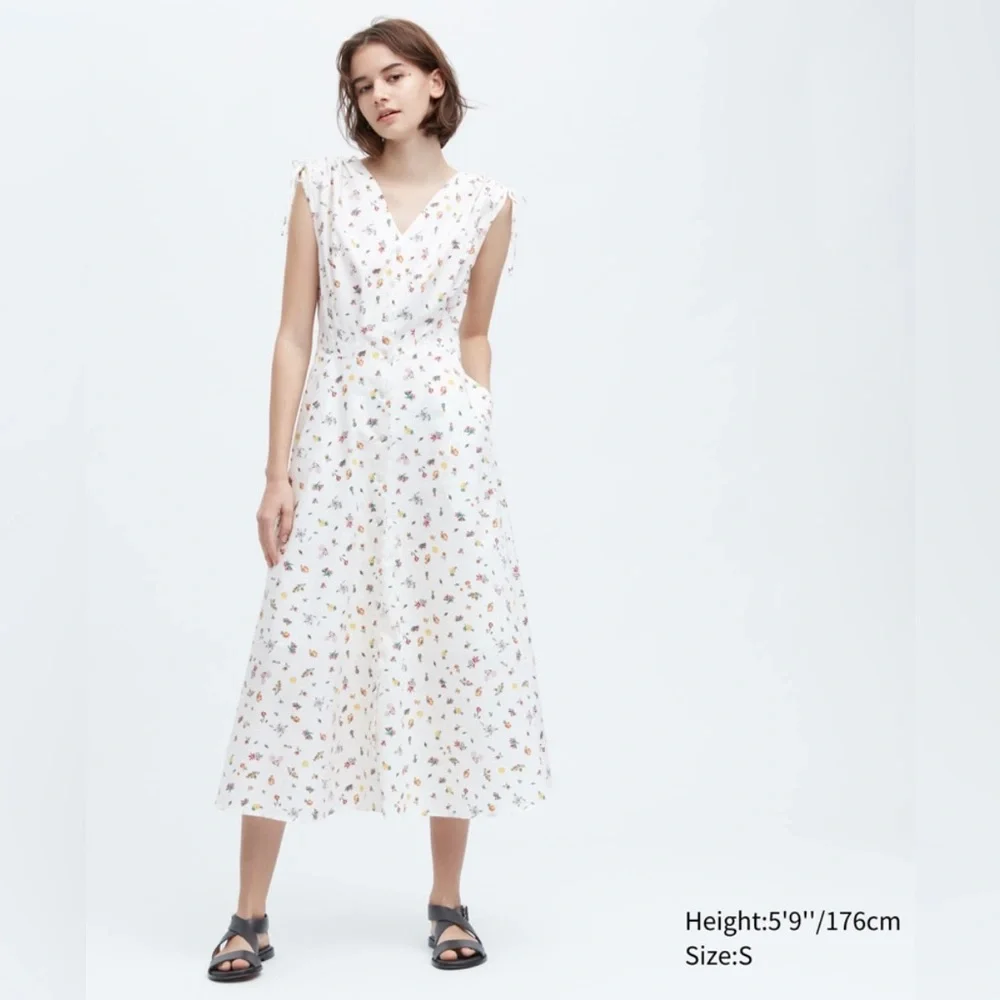 Uniqlo Cotton V-Neck Sleeveless Flare Dress (Floral) Ines de la Fressange  Small